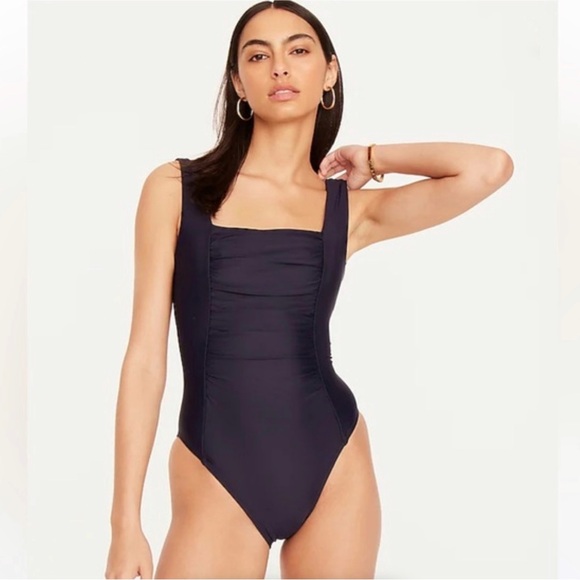 J. Crew Other - J. Crew Ruched Square Neck One Piece Swimsuit Navy Full Coverage